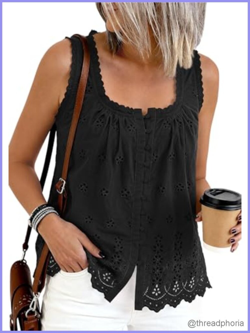Lace Tank Top Embroidery Eyelet Blouse Button Down Summer Top
